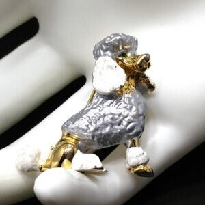 Vintage Poodle Dog Brooch Gold Plated Silver White Enamel Green Eyes 1960s